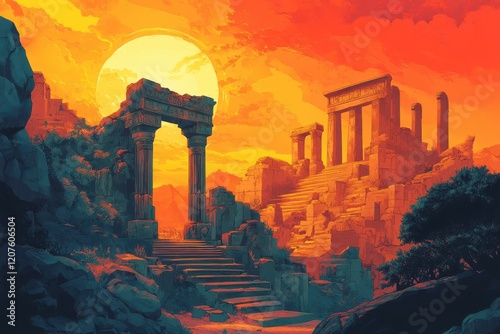 Ancient Ruins at Sunset with a Large Moon