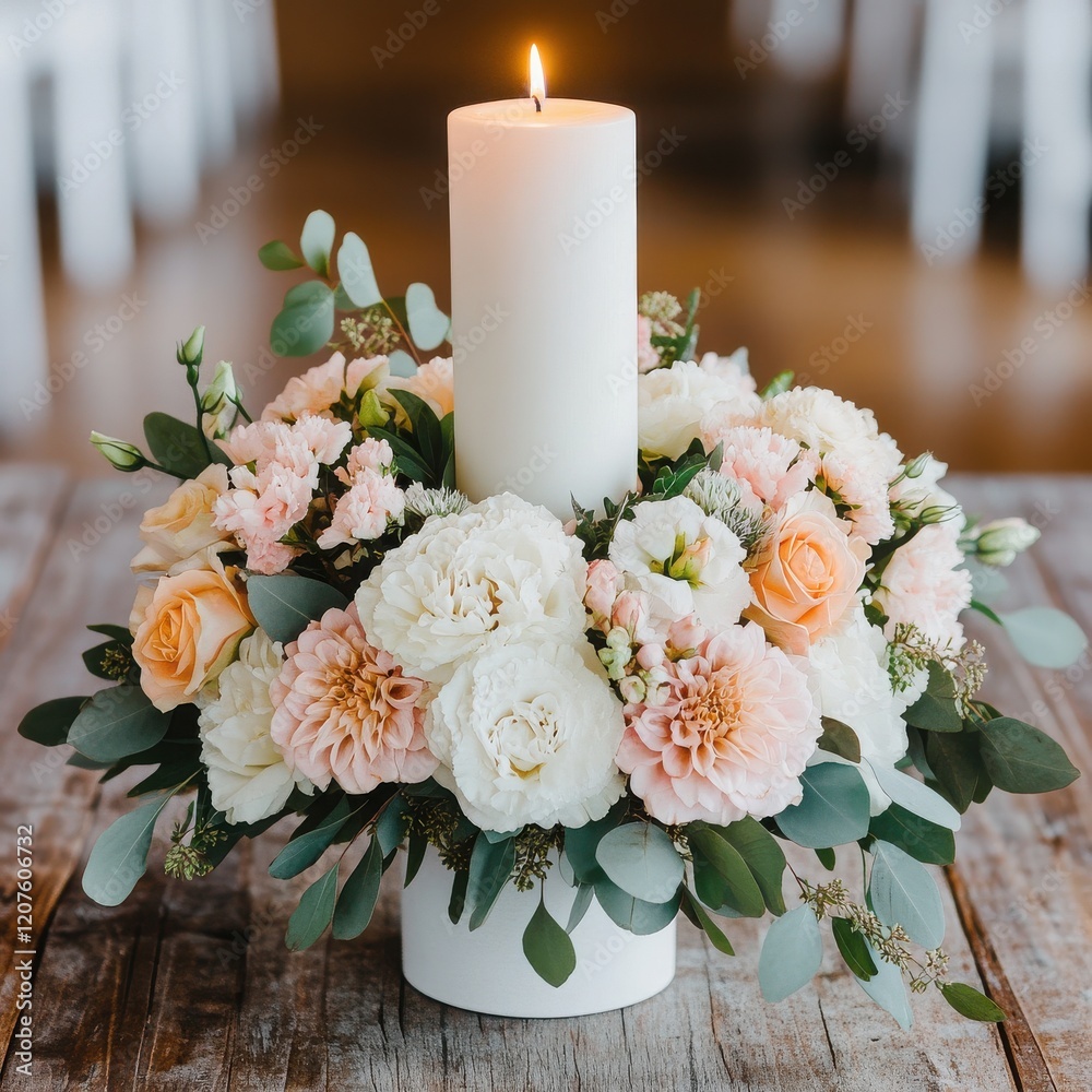 Obraz premium A beautifully arranged floral centerpiece with a lit candle, perfect for creating a warm and inviting atmosphere.