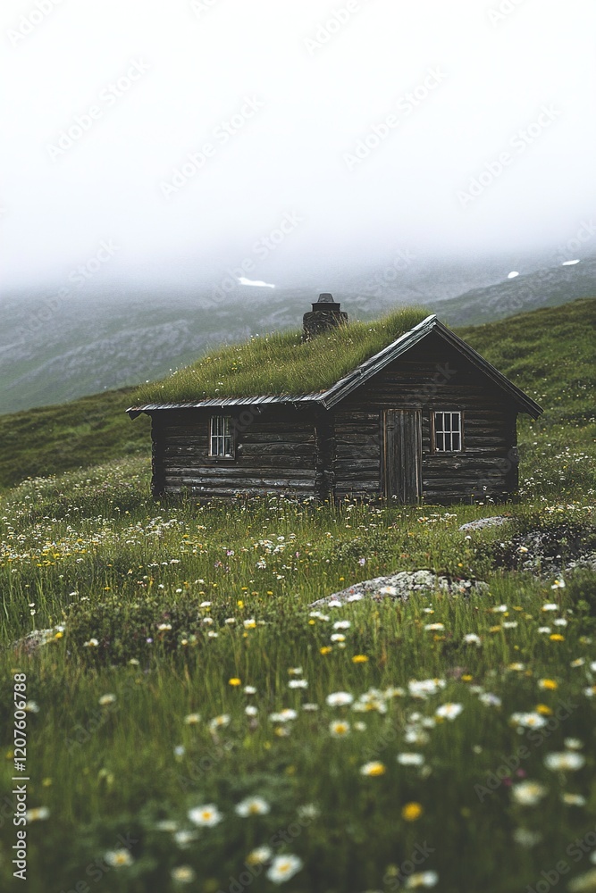 Fototapeta premium Nestled in a lush green landscape, a cozy rustic cabin adorned with a grass roof offers a warm invitation. Wildflowers flourish around this tranquil retreat, creating a picturesque escape