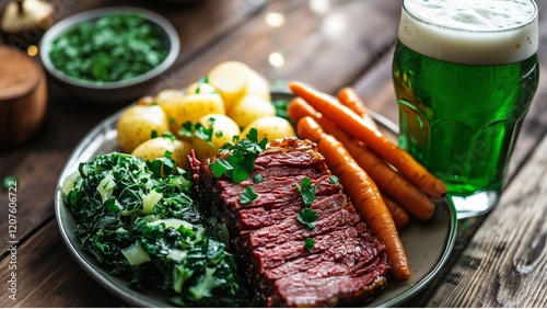 Corned Beef , Cabbage , green beer St. Patrick's day , A hearty plate of corned beef, cabbage, carrots, potatoes parsley garnish set on wooden table, a glass of green beer celebrating St. Patrick's da