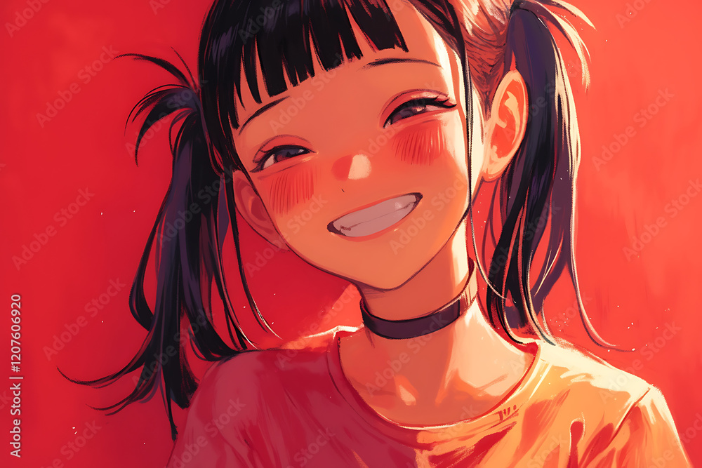 Cheerful girl with pigtails smiling against a vibrant red background, conveying joy and positivity Cheerful girl with pigtails smiling against a vibrant red background, conveying joy and positivity