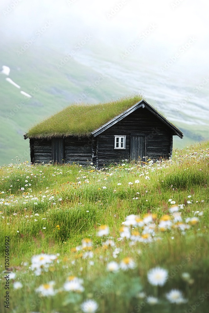 Set in a serene Nordic landscape, a rustic wooden cabin with a grass roof invites warmth amidst a soft beige and green backdrop filled with wildflowers and open space Set in a serene Nordic landscape, a rustic wooden cabin with a grass roof invites warmth amidst a soft beige and green backdrop filled with wildflowers and open space