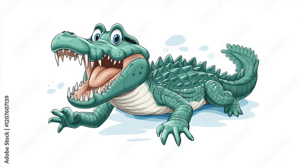 Fototapeta premium dynamic crocodile illustration featuring playful expression, showcasing its sharp teeth and textured skin. This wild animal is depicted in vibrant, cartoonish style