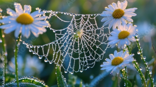 Dew-covered spiderweb among daisies at sunrise; nature background for cards