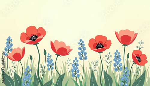 Vibrant Poppies and Bluebells A Summer Meadow Illustration
