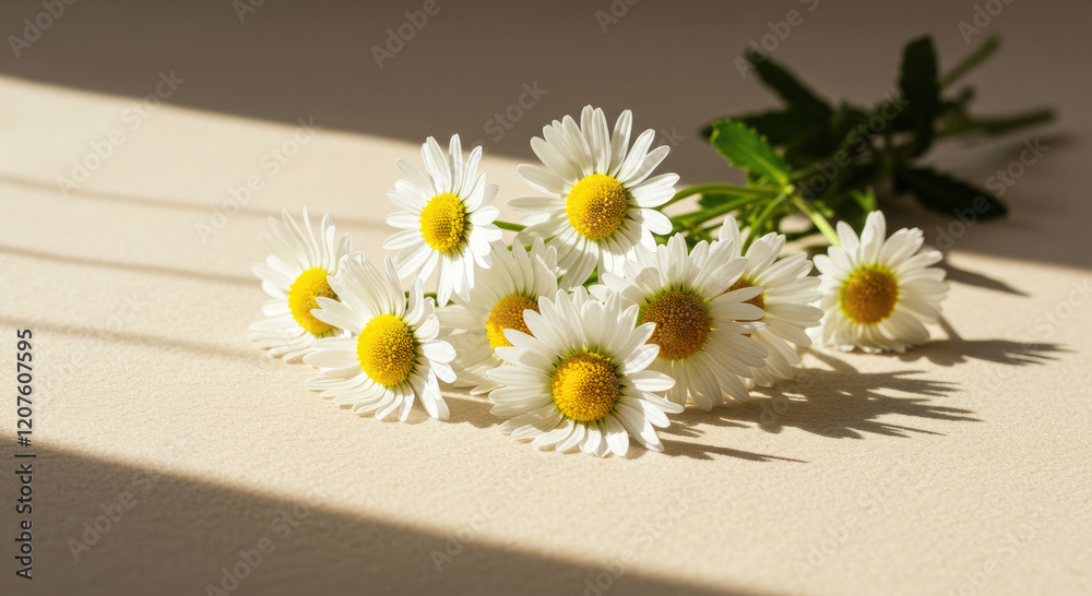 Obraz premium Elegant white daisies on soft beige surface with warm natural light.