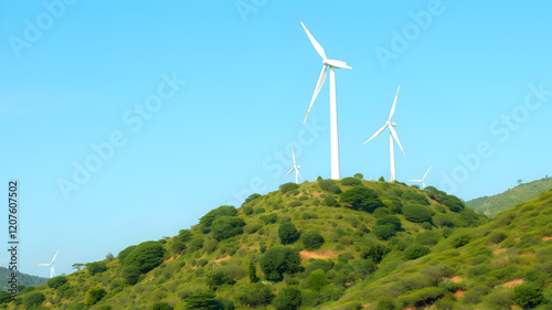 Green energy concept, eco power. Wind turbine located along the hill with the wind blowing all the time. Can produce renewable energy as well. Considered a clean energy. photo