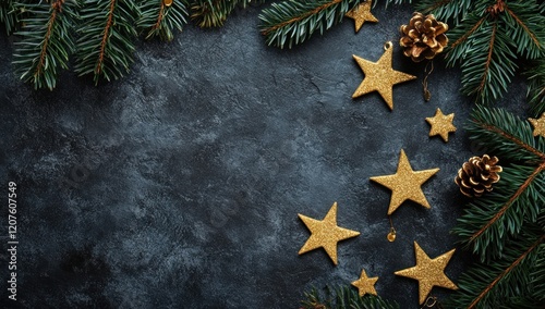 Elegant Christmas Background: Gold Stars and Pine Branches on Dark Stone photo