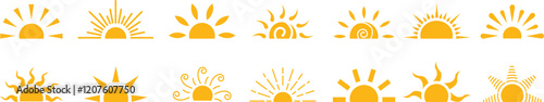 Yellow sun flat icon set, sunshine and solar glow sunrise or sunset. Decorative half sun and sunlight. Hot solar energy for tan. Vector isolated on transparent background. Hand drawn symbol.