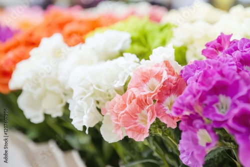 A vibrant array of colorful flowers, featuring shades of white, pink, purple, orange, and green, creating a cheerful floral display.