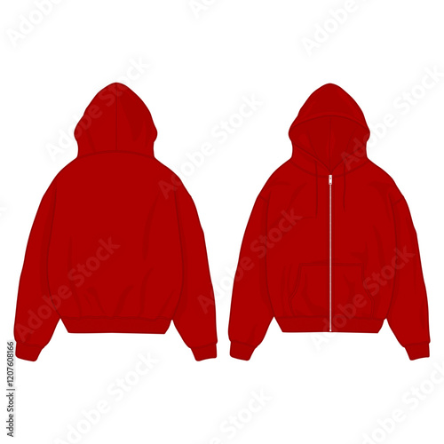 zip up Hoodie vector template illustration. front and back view. oversized. drop shoulder. unisex. red color. 