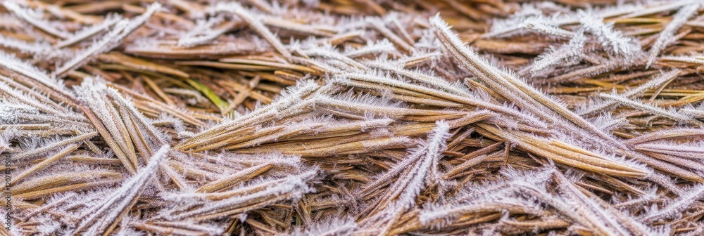 Frost-covered pine needles creating a natural winter texture Frost-covered pine needles creating a natural winter texture