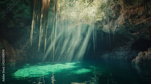 Enigmatic Cenote: Sunbeams Illuminate Hidden Oasis