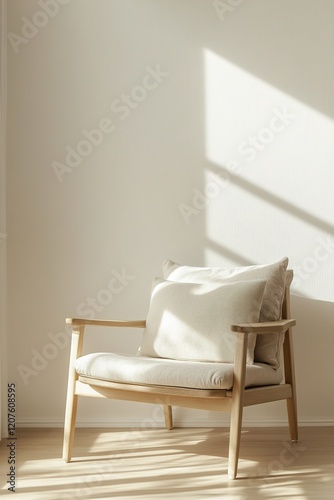 This cozy armchair in light wood features a soft wool cushion and is positioned in a bright room with natural light, creating a calming and modern atmosphere perfect for relaxation