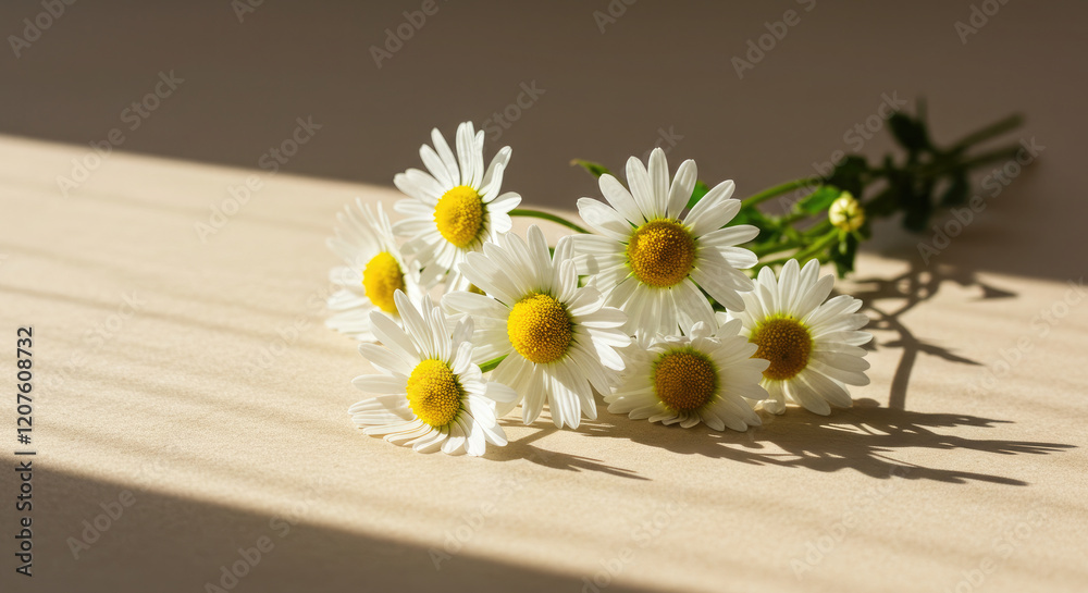 Obraz premium Elegant white daisies on soft beige surface with warm natural light.