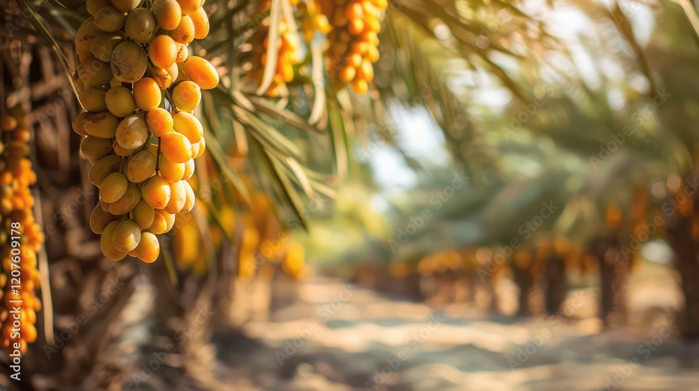 Vibrant Date Palm Grove with Ripe Dates in a Sunlit Landscape Vibrant Date Palm Grove with Ripe Dates in a Sunlit Landscape