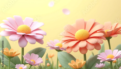Pastel Daisies in a Sunny Meadow A Delightful 3D Floral Scene