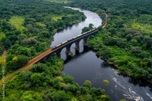 A high-angle view of Victoria Falls Bridge with the mighty Zambezi River flowing underneath and adventurers bungee jumping photo