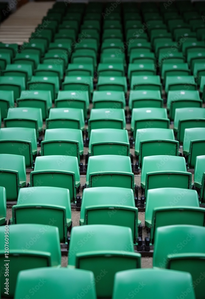 Naklejka premium Green tribunes. seats of tribune on sport stadium. empty outdoor arena. concept of fans. chairs for audience. cultural environment concept. color and symmetry. empty seats. modern stadium