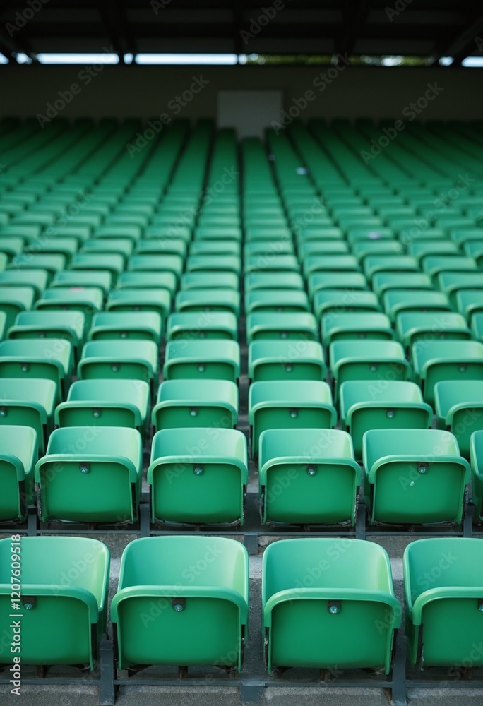 Naklejka premium Green tribunes. seats of tribune on sport stadium. empty outdoor arena. concept of fans. chairs for audience. cultural environment concept. color and symmetry. empty seats. modern stadium