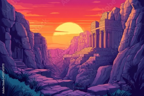 Ancient Temple Ruins at Sunset in a Rocky Canyon