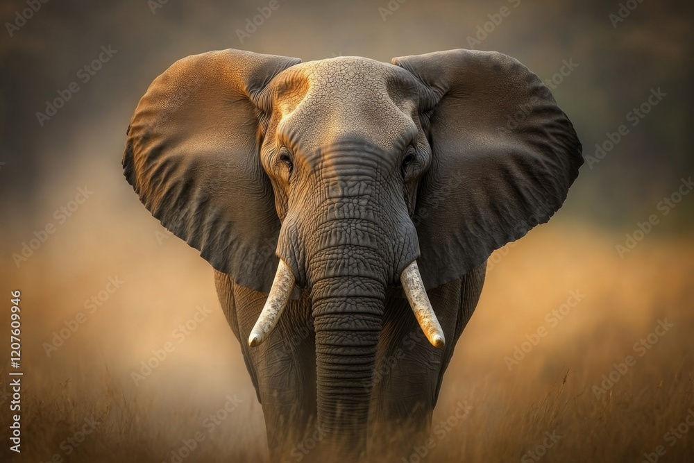Obraz premium A hyper-realistic close-up of a Zimbabwean elephant textured skin, with details of its wrinkles and dust-covered tusks in the golden afternoon light
