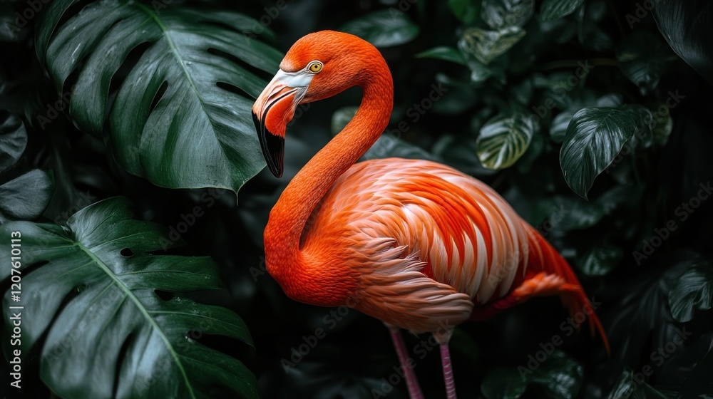 Fototapeta premium Vibrant Flamingo Amidst Lush Tropical Foliage