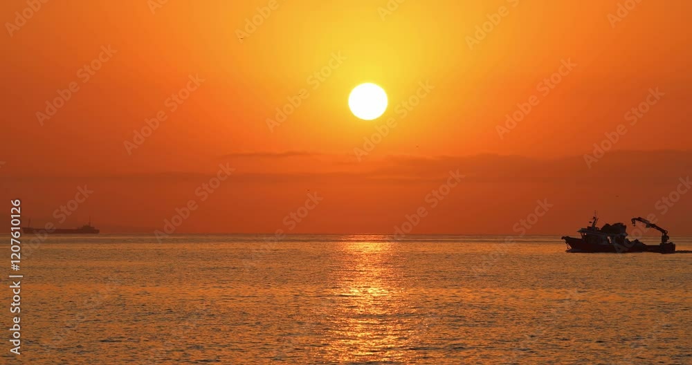 Sunrise view from Malaga seaside city in Andalusia, Spain, Europe. Fiery sunrise over calm ocean waters, with a cargo ship and a fishing vessel silhouetted against the radiant sky.