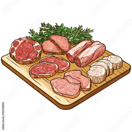 Assorted Meat Cuts on Wooden Board