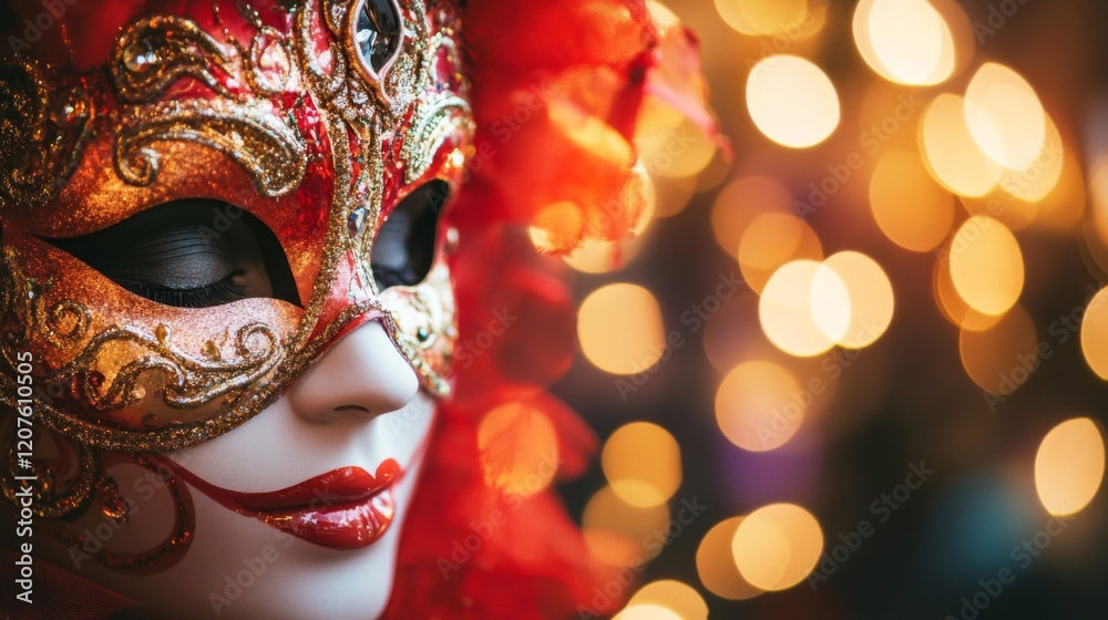 Red and Gold Venetian Mask with Feathers and Bokeh Lights Red and Gold Venetian Mask with Feathers and Bokeh Lights