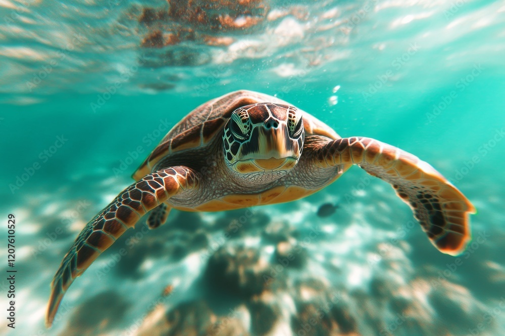 Obraz premium A loggerhead sea turtle swimming gracefully in the clear waters of Zanzibar, with coral reefs and fish in the background