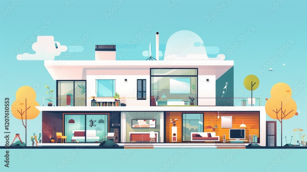 Fototapeta premium Contemporary Two-Story House Illustration