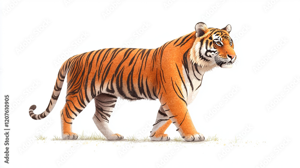 Obraz premium majestic tiger walking gracefully, showcasing its vibrant orange fur and striking black stripes. This wild animal embodies strength and beauty in its natural habitat