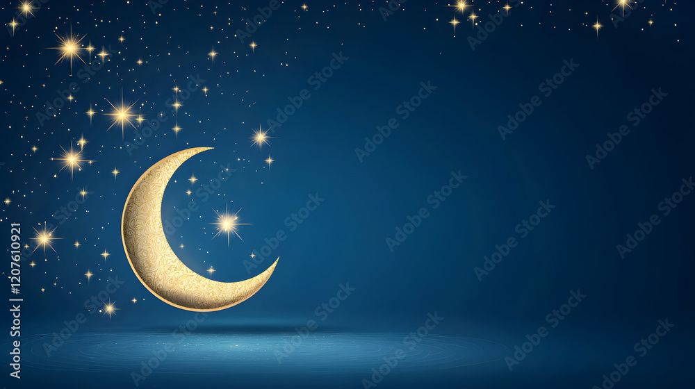 Fototapeta premium Golden crescent moon shining over dark blue background with sparkling stars with copy space