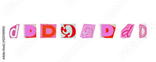 Letter D, barbiecore set of cut-out elements from magazines on a transparent background, cute retro y2k ransom style