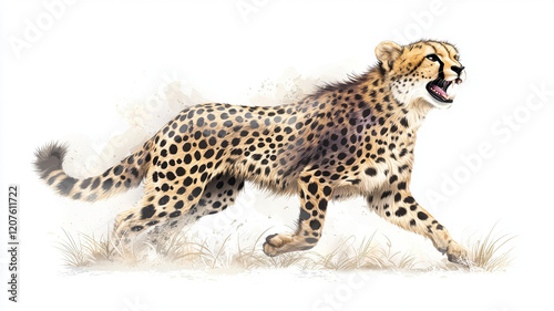 dynamic illustration of cheetah running gracefully across sandy terrain, showcasing its powerful physique and distinctive spotted coat. artwork captures essence of this wild animal in motion photo