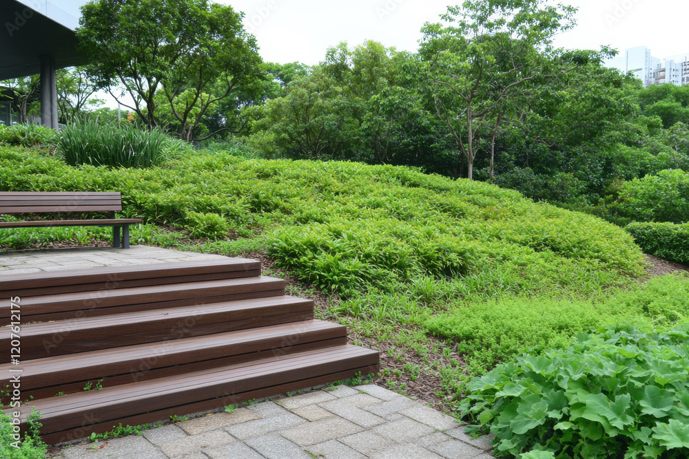 A park with a wooden staircase leading up to a bench A park with a wooden staircase leading up to a bench