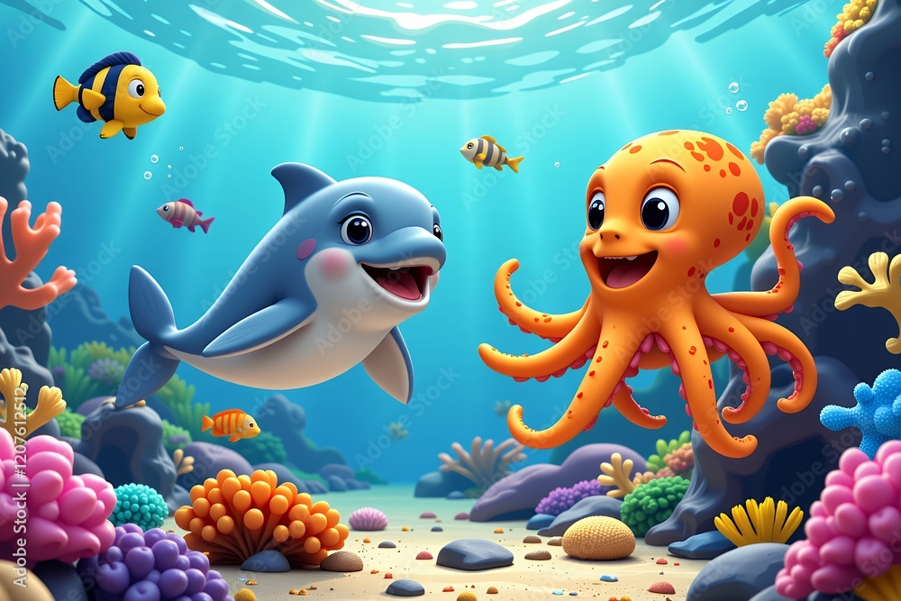 Obraz premium Adorable Cartoon Dolphin and Octopus Underwater Friends in Vibrant Coral Reef Scene