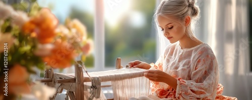 Discover the artistry of traditional weaving A young artisan skillfully uses an antique loom, showcasing local tourism experiences and cultural traditions Explore the rich heritage and craftsmanship