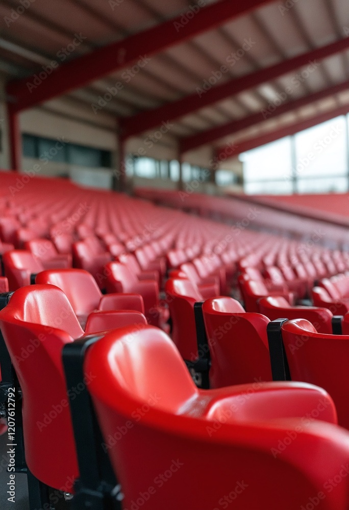 Fototapeta premium Red tribunes. seats of tribune on sport stadium. empty outdoor arena. concept of fans. chairs for audience. cultural environment concept. color and symmetry. empty seats. modern stadium