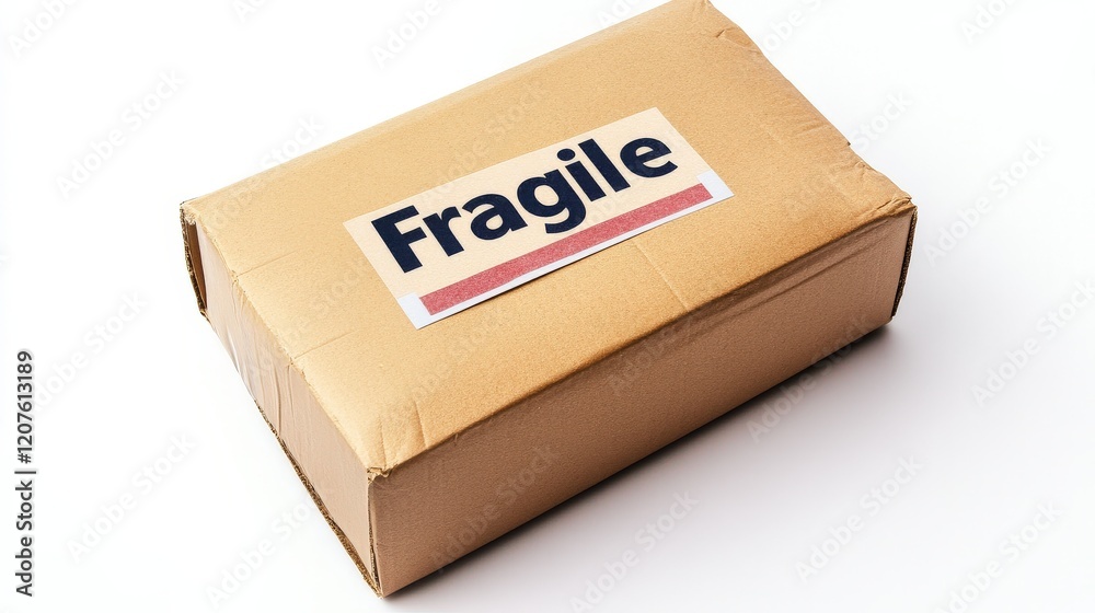 Sturdy Cardboard Package Marked as Fragile Ready for Shipping with Bright Warning Label on White Background for Delivery and Logistics Concepts Sturdy Cardboard Package Marked as Fragile Ready for Shipping with Bright Warning Label on White Background for Delivery and Logistics Concepts