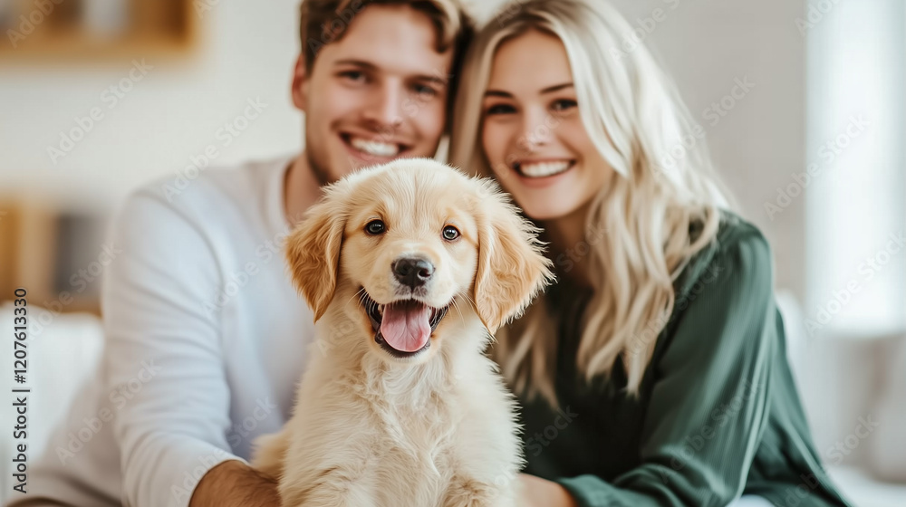 Happy Couple Hugging with Adorable Golden Retriver Puppy at Home, Celebrating Love, Pet Adoption, and Animal Care, Animal Lovers, Pet Parents.