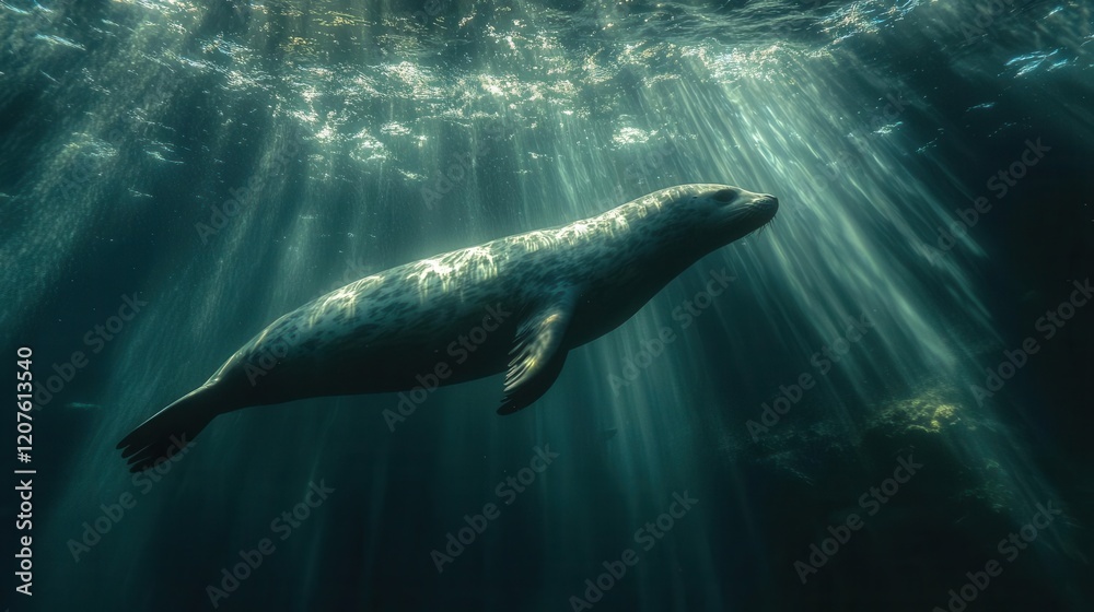ethereal underwater scene of a grey seal gracefully gliding through crystalclear turquoise waters streams of sunlight creating light rays ethereal underwater scene of a grey seal gracefully gliding through crystalclear turquoise waters streams of sunlight creating light rays