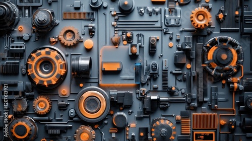 Abstract industrial background with interlocking gears, mechanical components, and vivid color contrast showcasing creativity in engineering and design aesthetics