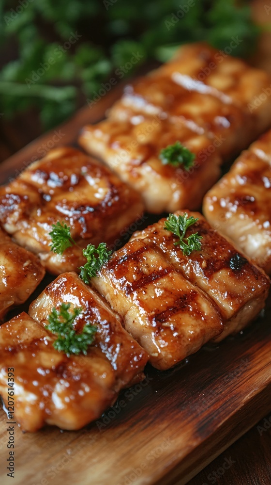 Delicious Grilled Fish with Glaze on Wooden Board Delicious Grilled Fish with Glaze on Wooden Board