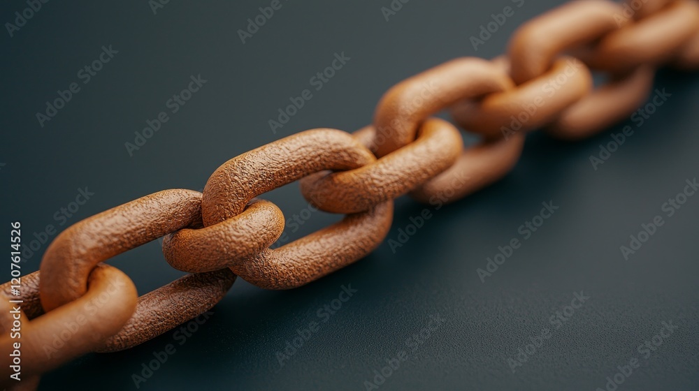 Obraz premium Cybersecurity network prevention concept, Close-up view of a textured metal chain link against a dark background.