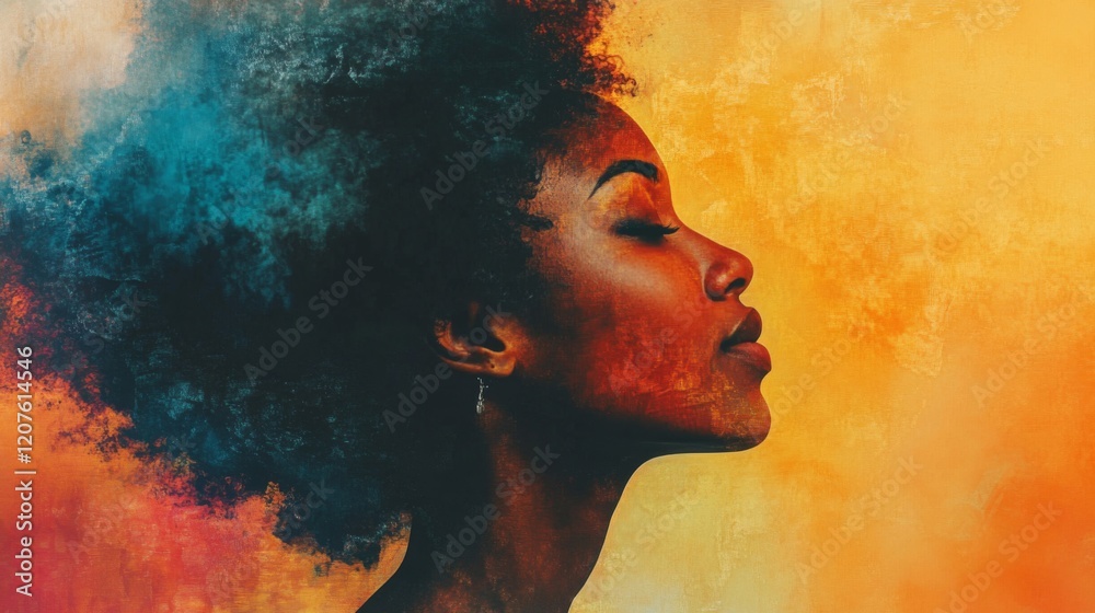 Serene Woman with Colorful Afro Hair in Abstract Artistic Portrait