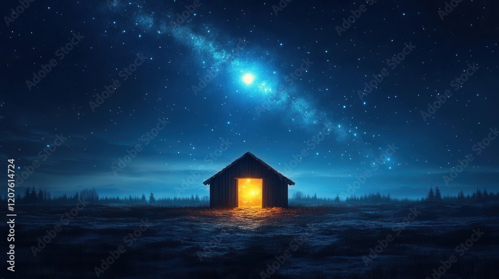 ethereal winter night scene with empty wooden manger under brilliant comet trail stars twinkling in deep blue sky ethereal winter night scene with empty wooden manger under brilliant comet trail stars twinkling in deep blue sky