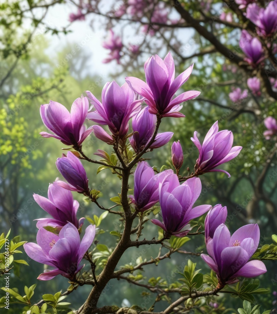 Bright violet magnolia flower buds bursting with new life amidst the spring greenery, outdoor landscape, blooming flowers Bright violet magnolia flower buds bursting with new life amidst the spring greenery, outdoor landscape, blooming flowers