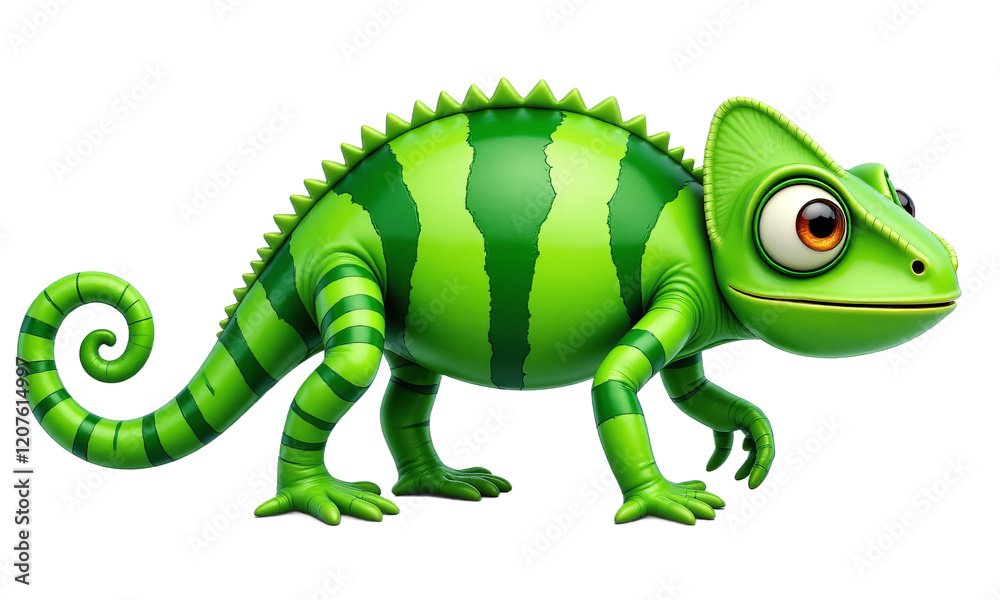Fototapeta premium Green cartoon chameleon with stripes on a transparent background
